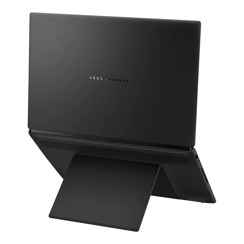 Rear view of the Zenbook Duo showing the sturdy kickstand hinge and ASUS branding.