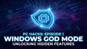 Neon blue digital security shield with a gear icon on a dark circuit board background, featuring the text "PC Hacks: Episode 1 - Windows God Mode Unlocking Hidden Features".